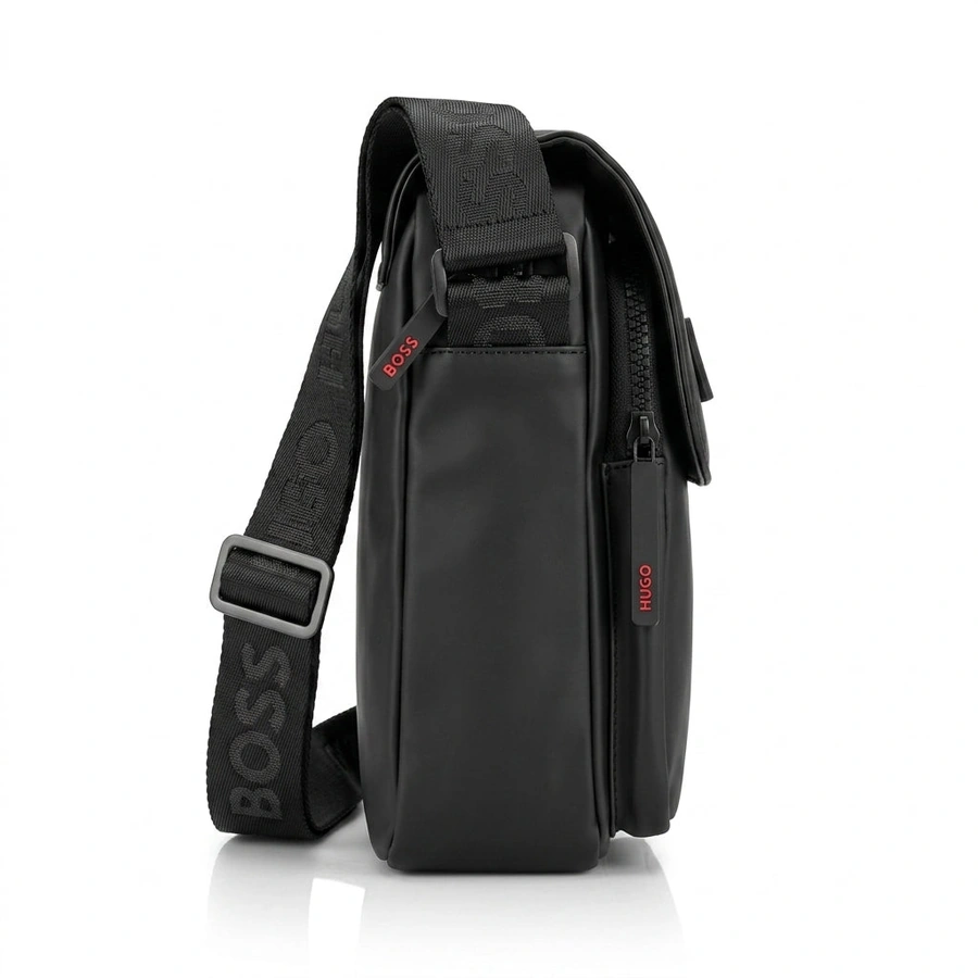 HUGO BOSS Men’s Matte Black Flap-Over Crossbody Reporter Bag #0013