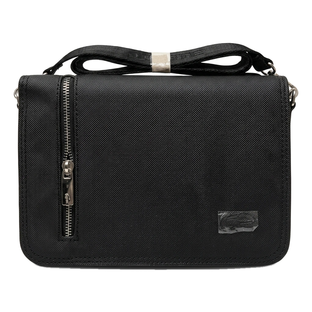 Lacoste Men's Black Flap Crossbody Messenger Bag with Branded Strap #0023