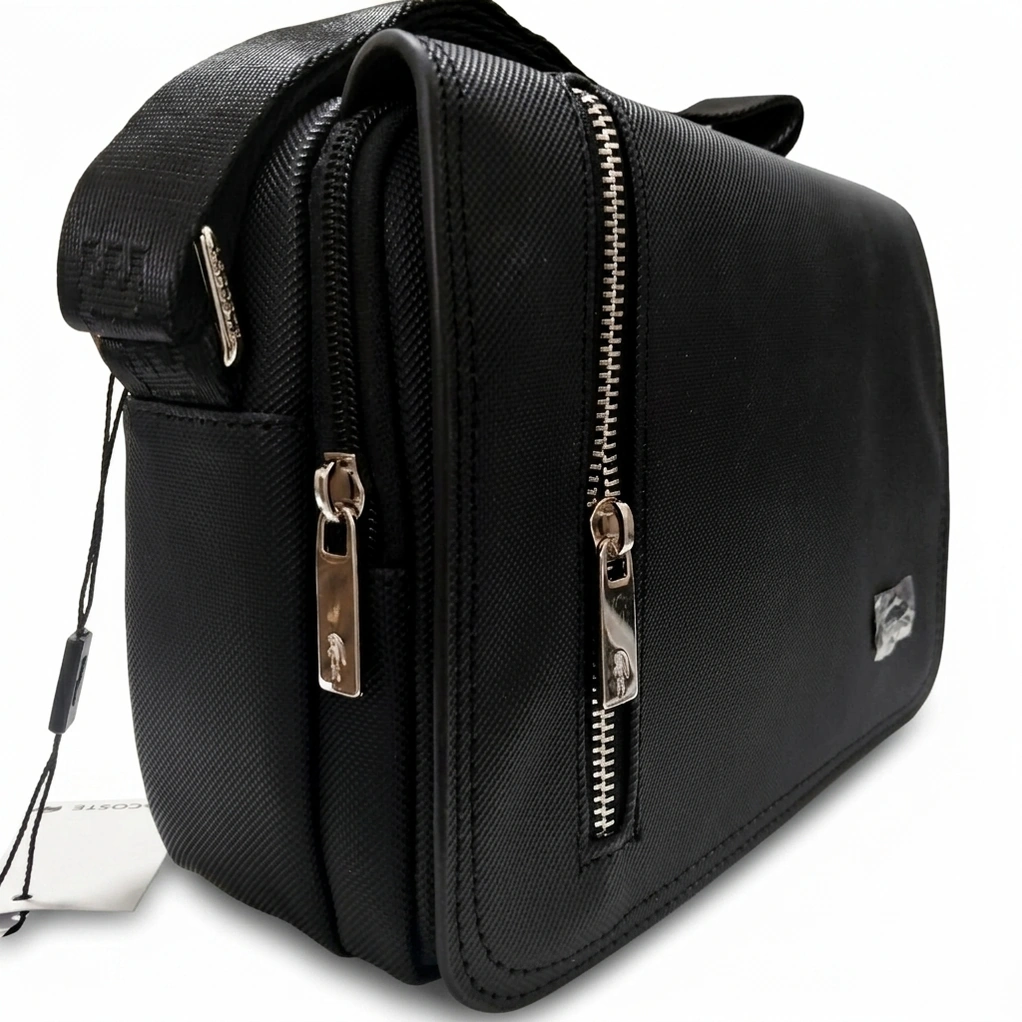 Lacoste Men's Black Flap Crossbody Messenger Bag with Branded Strap #0023
