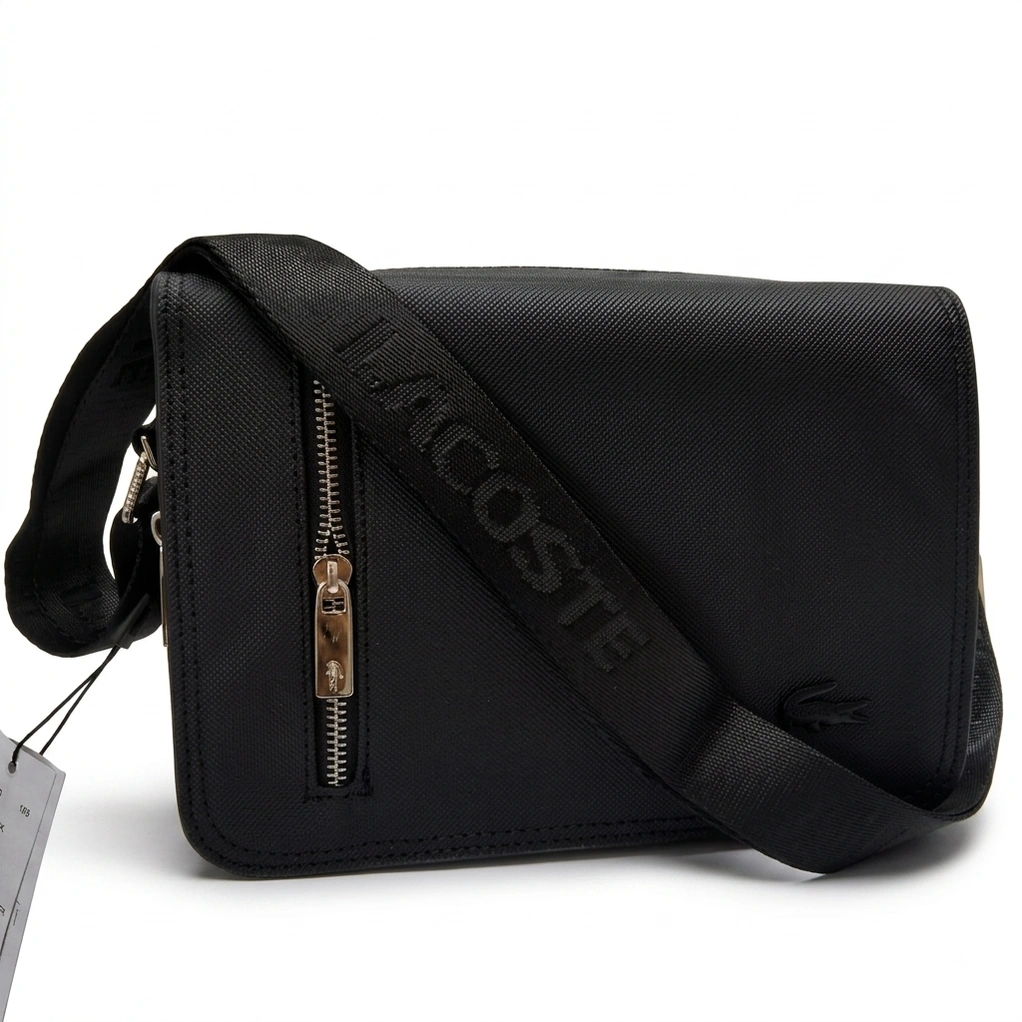 Lacoste Men's Black Flap Crossbody Messenger Bag with Branded Strap #0023