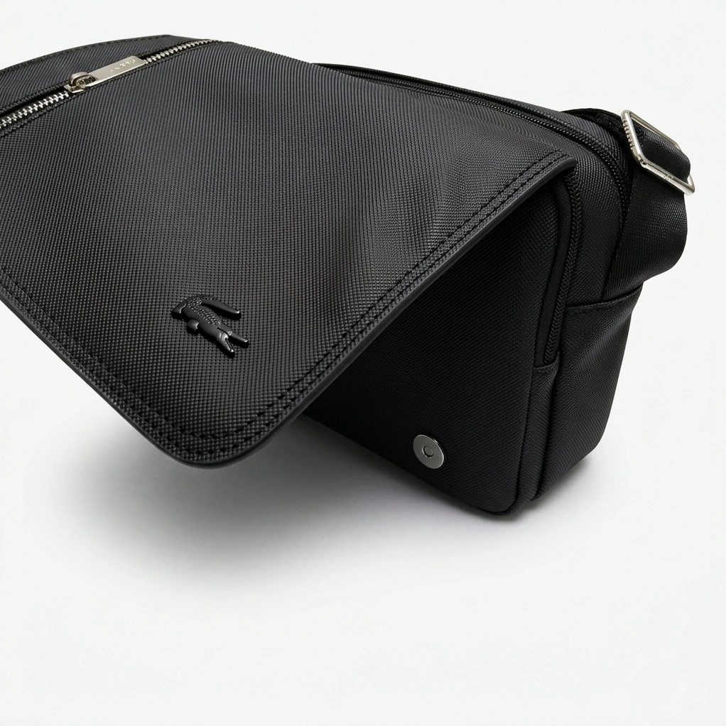 Lacoste Men's Black Flap Crossbody Messenger Bag with Branded Strap #0023