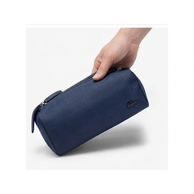 Lacoste Men's Matte Check Coated Canvas Toiletry Bag – Navy #0009