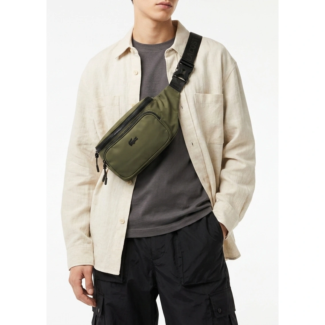 Lacoste Men's Olive-green Nylon Triple Zipper Waist Bag #0020