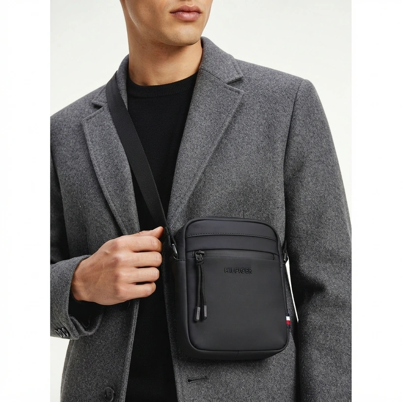 Tommy Hilfiger Men's Black Crossbody Bag with Magnetic Back Pocket #0081