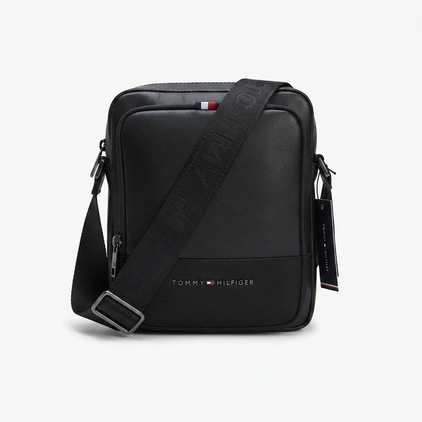 Tommy Hilfiger Men's Black Crossover Messenger Bag with Branded Webbing Strap #0063