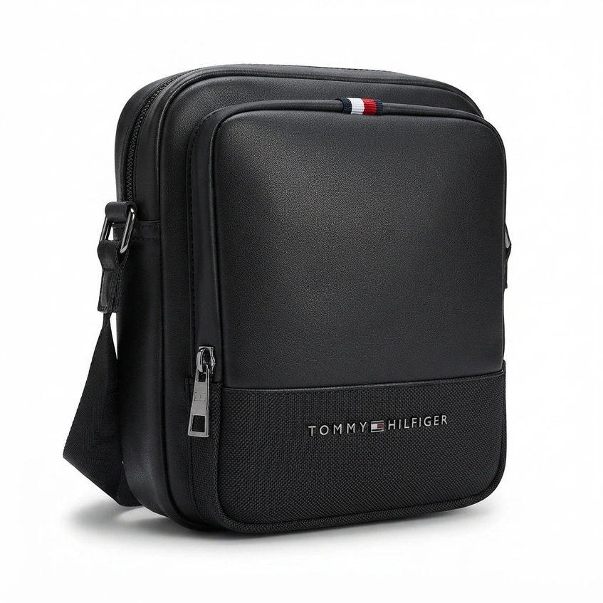 Tommy Hilfiger Men's Black Crossover Messenger Bag with Branded Webbing Strap #0063