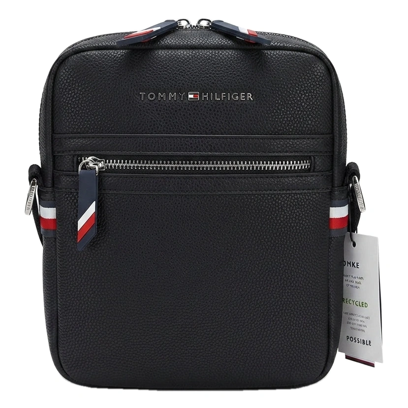 Tommy Hilfiger Men's Faux Leather Crossbody Bag with Monochromatic Monogram Details - Black #0069