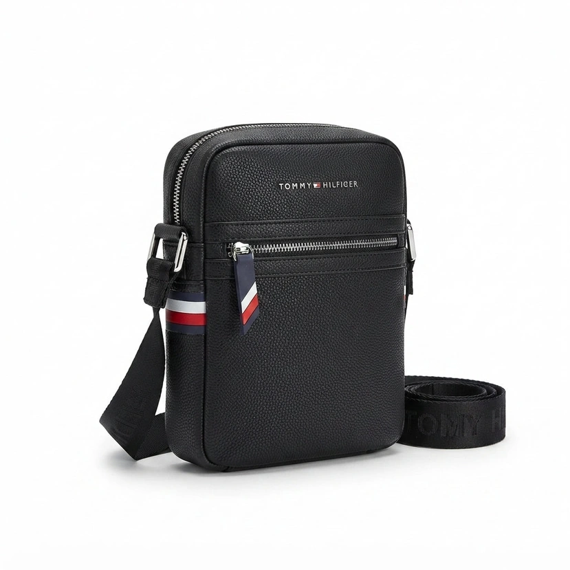 Tommy Hilfiger Men's Faux Leather Crossbody Bag with Monochromatic Monogram Details - Black #0069