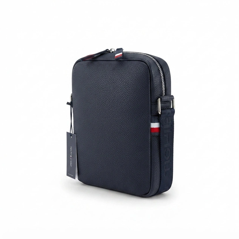 Tommy Hilfiger Men's Faux Leather Crossbody Bag with Monochromatic Monogram Details - Black #0069