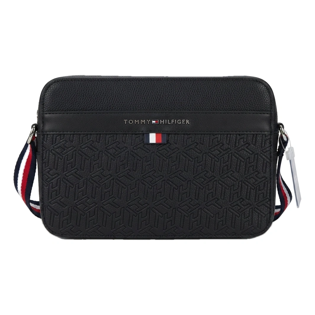 Tommy Hilfiger Monogram Crossbody Bag with Striped Strap - Black #0066