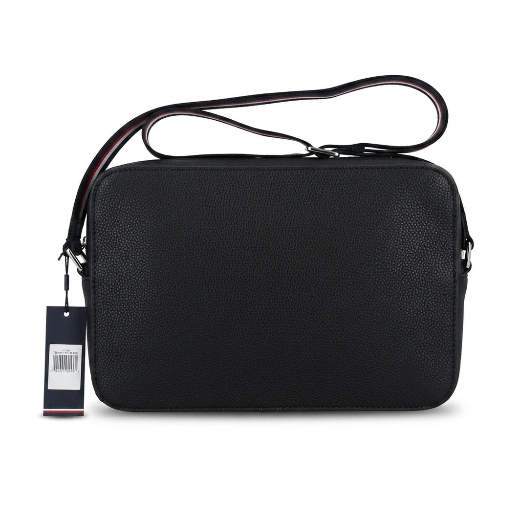 Tommy Hilfiger Monogram Crossbody Bag with Striped Strap - Black #0066