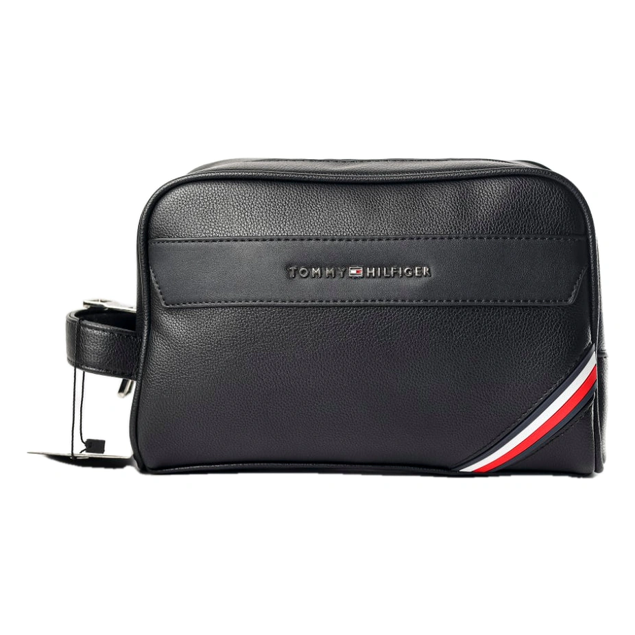 Tommy Hilfiger Polished Black Men’s Pouch With Corner Stripe #0015