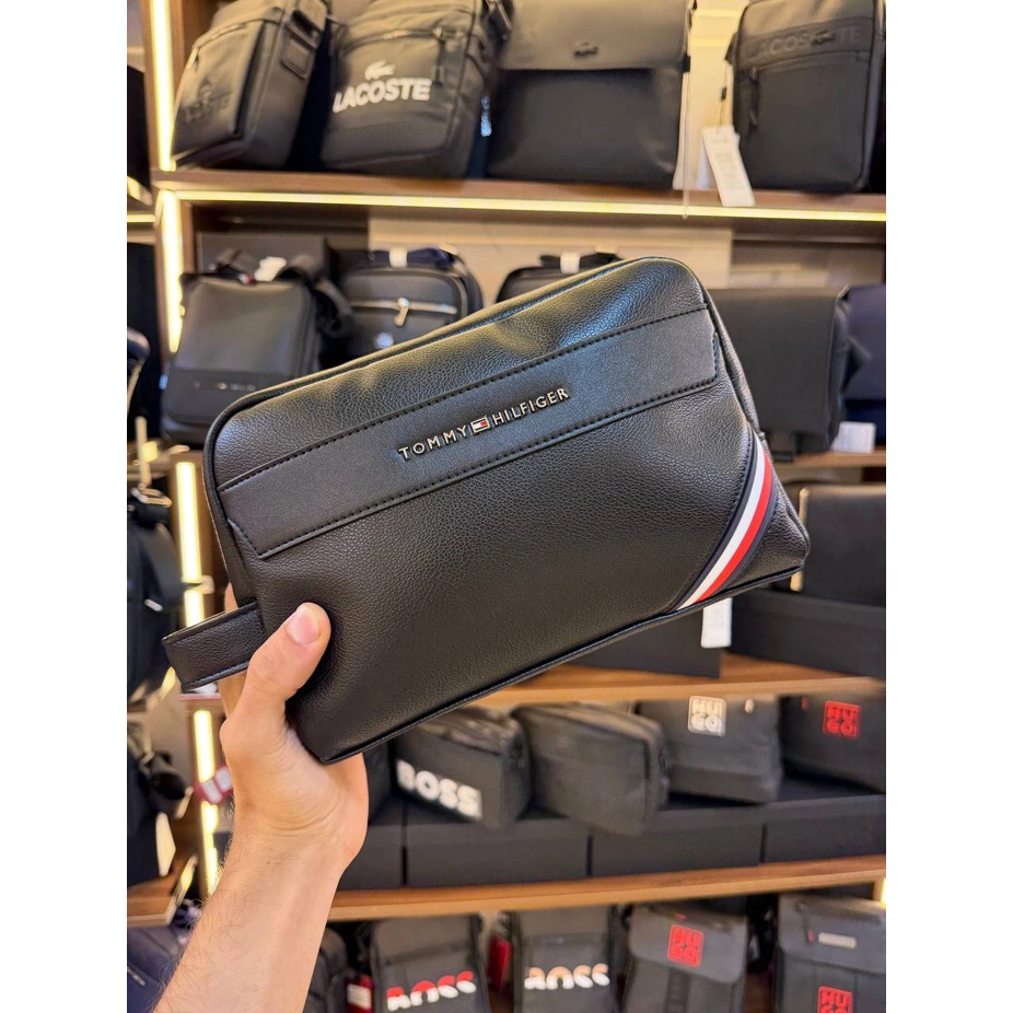 Tommy Hilfiger Polished Black Men’s Pouch With Corner Stripe #0015