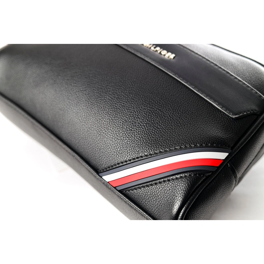 Tommy Hilfiger Polished Black Men’s Pouch With Corner Stripe #0015