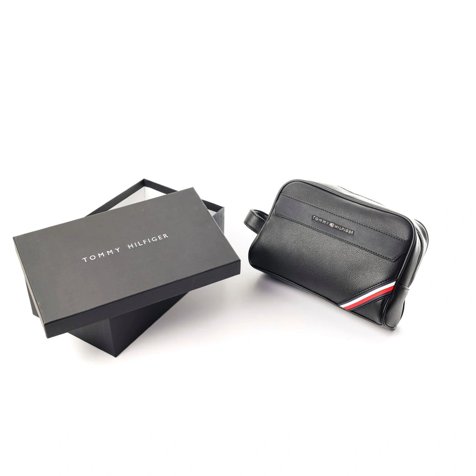 Tommy Hilfiger Polished Black Men’s Pouch With Corner Stripe #0015