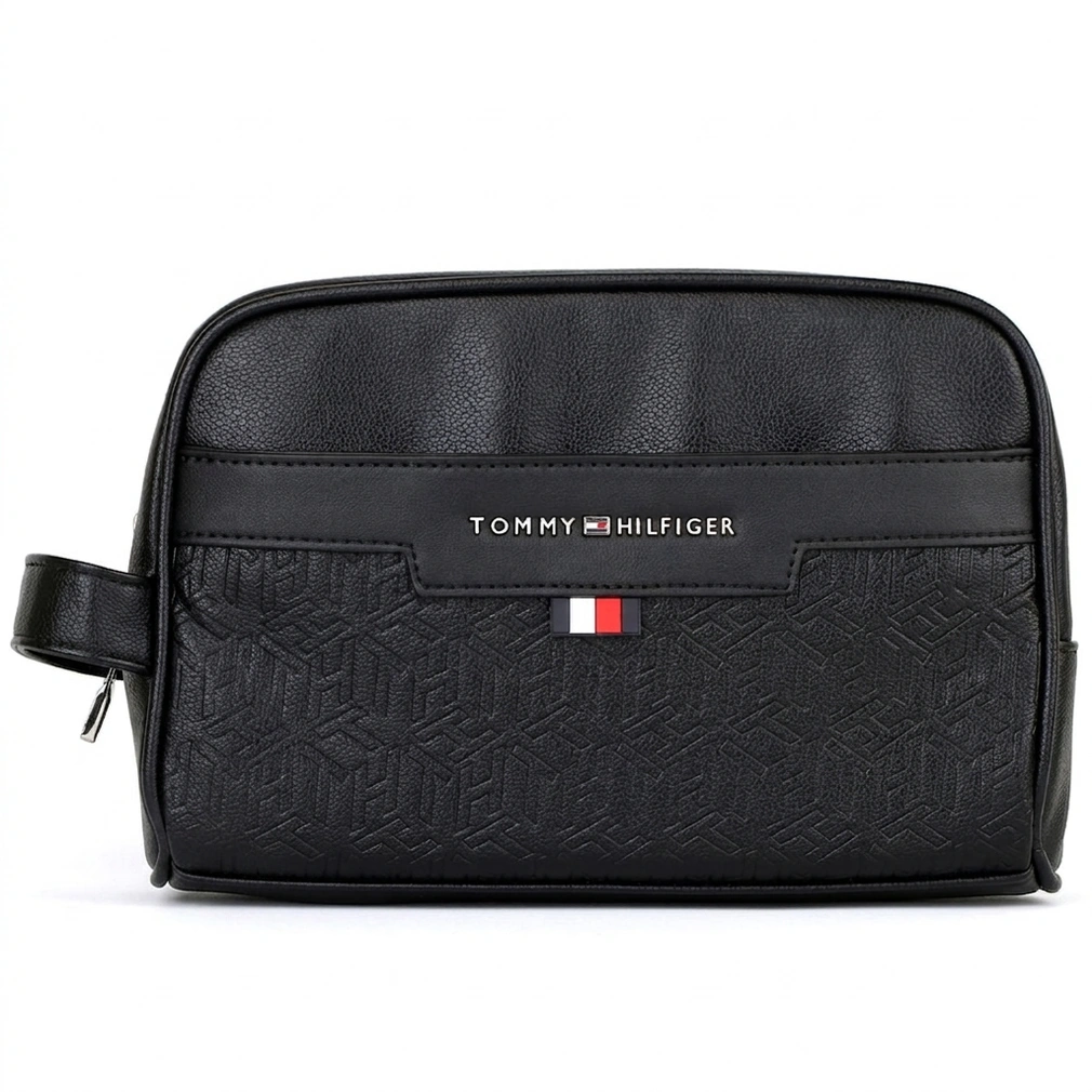 Tommy Hilfiger Polished Black Men’s Pouch With Embossed Flag Detail #0017