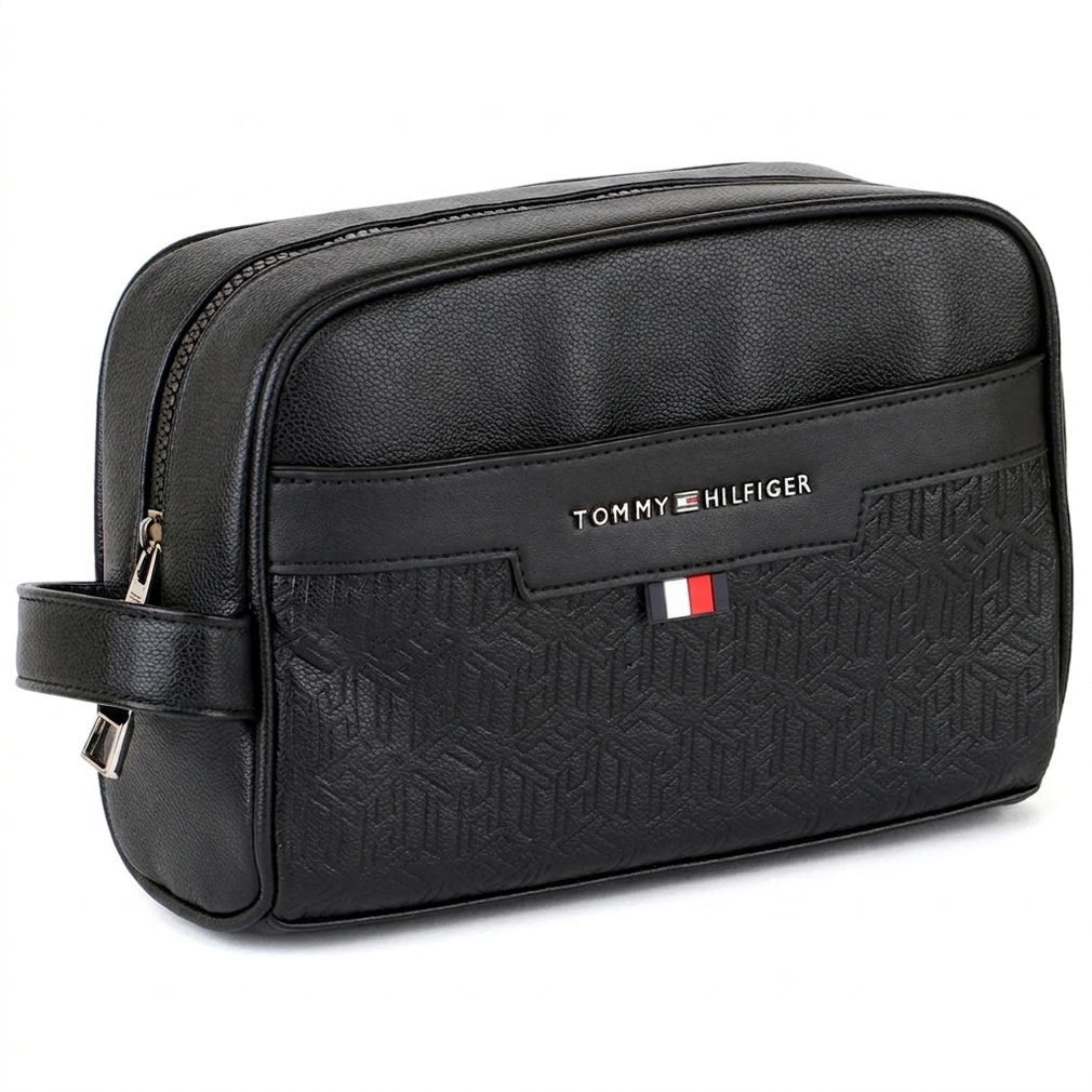 Tommy Hilfiger Polished Black Men’s Pouch With Embossed Flag Detail #0017