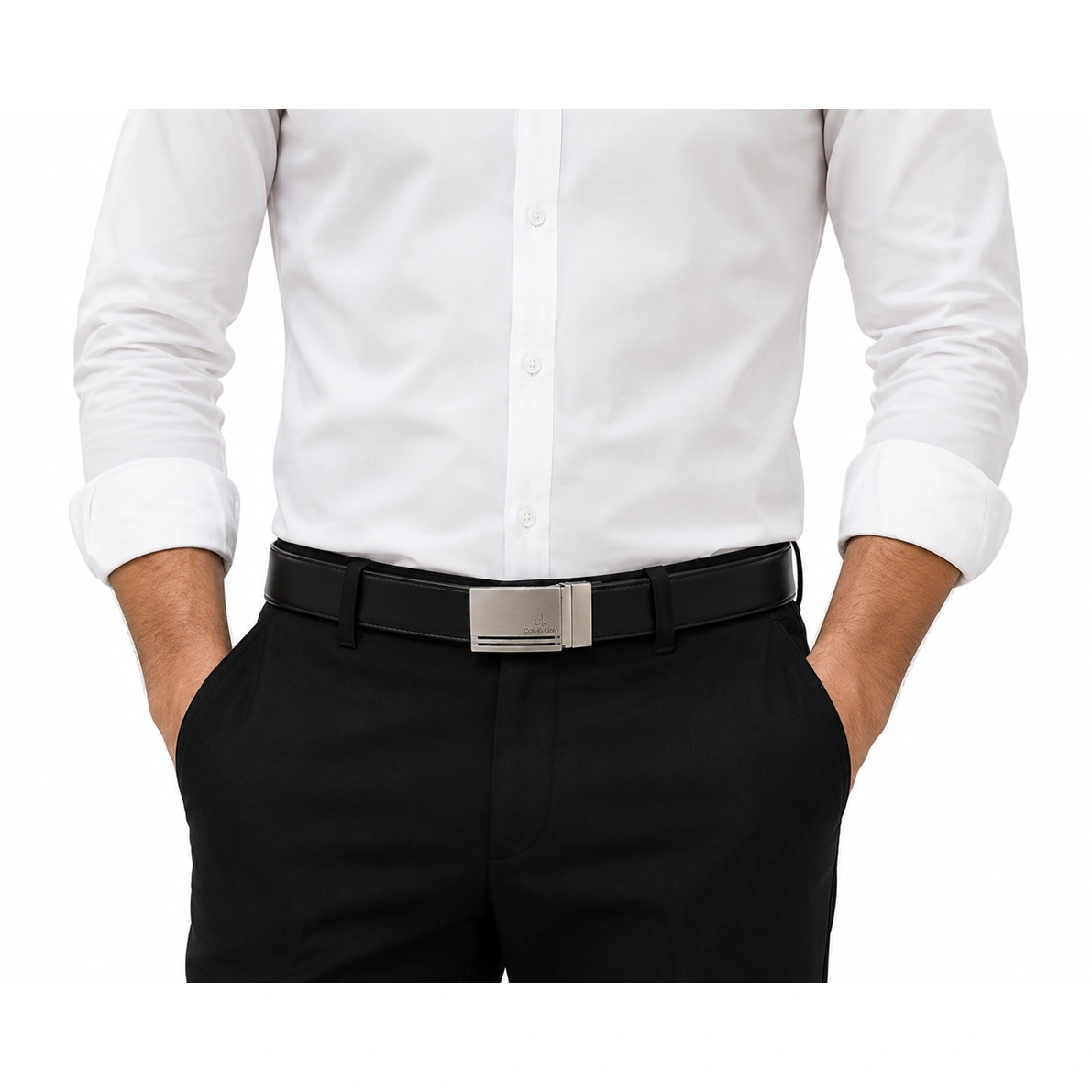 Calvin Klein Men's Reversible Leather Belt – Black & Dark Brown with Silver Rectangular Buckle#28