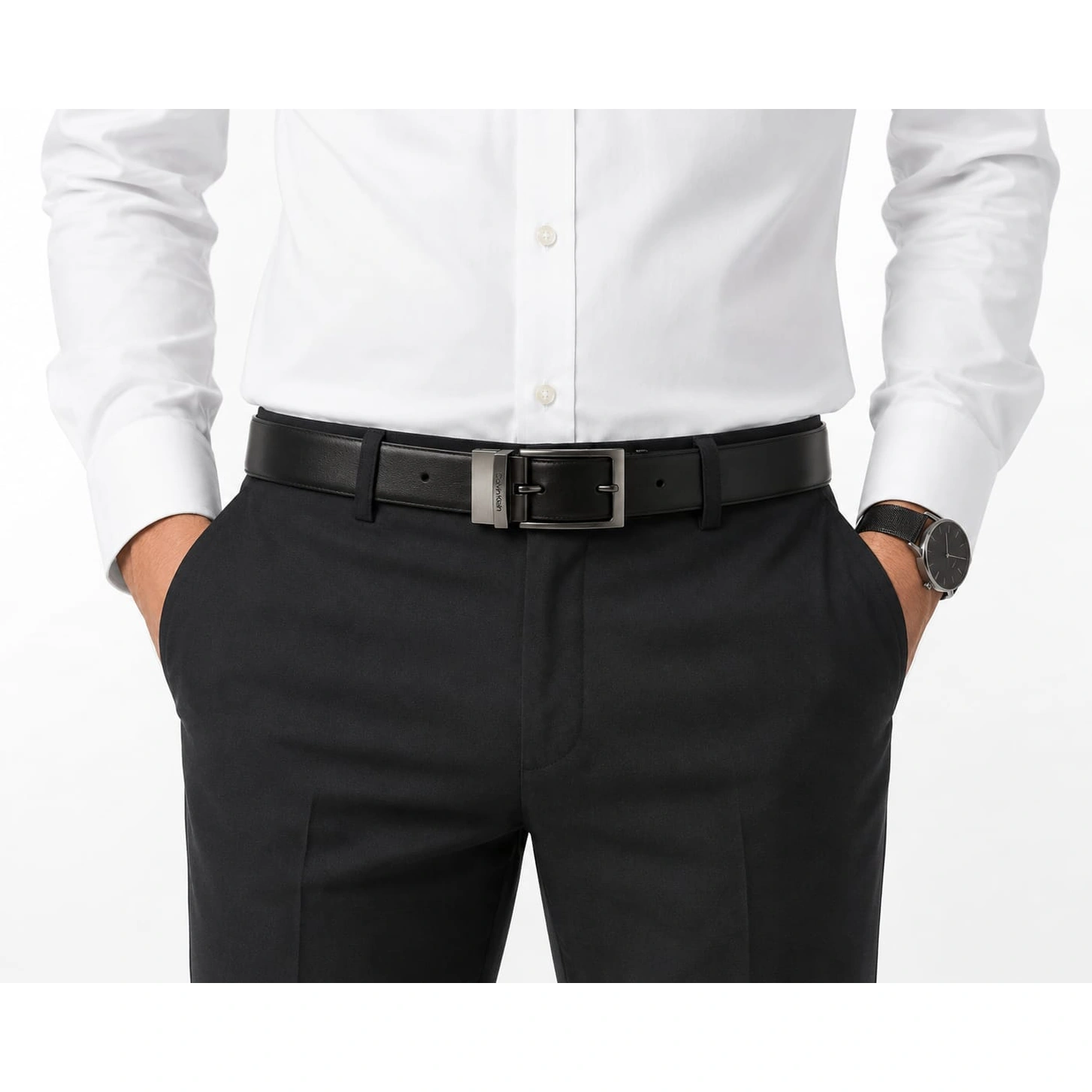 Calvin Klein Men's Reversible Leather Belt – Black & Dark Brown with Silver-Tone Buckle#27