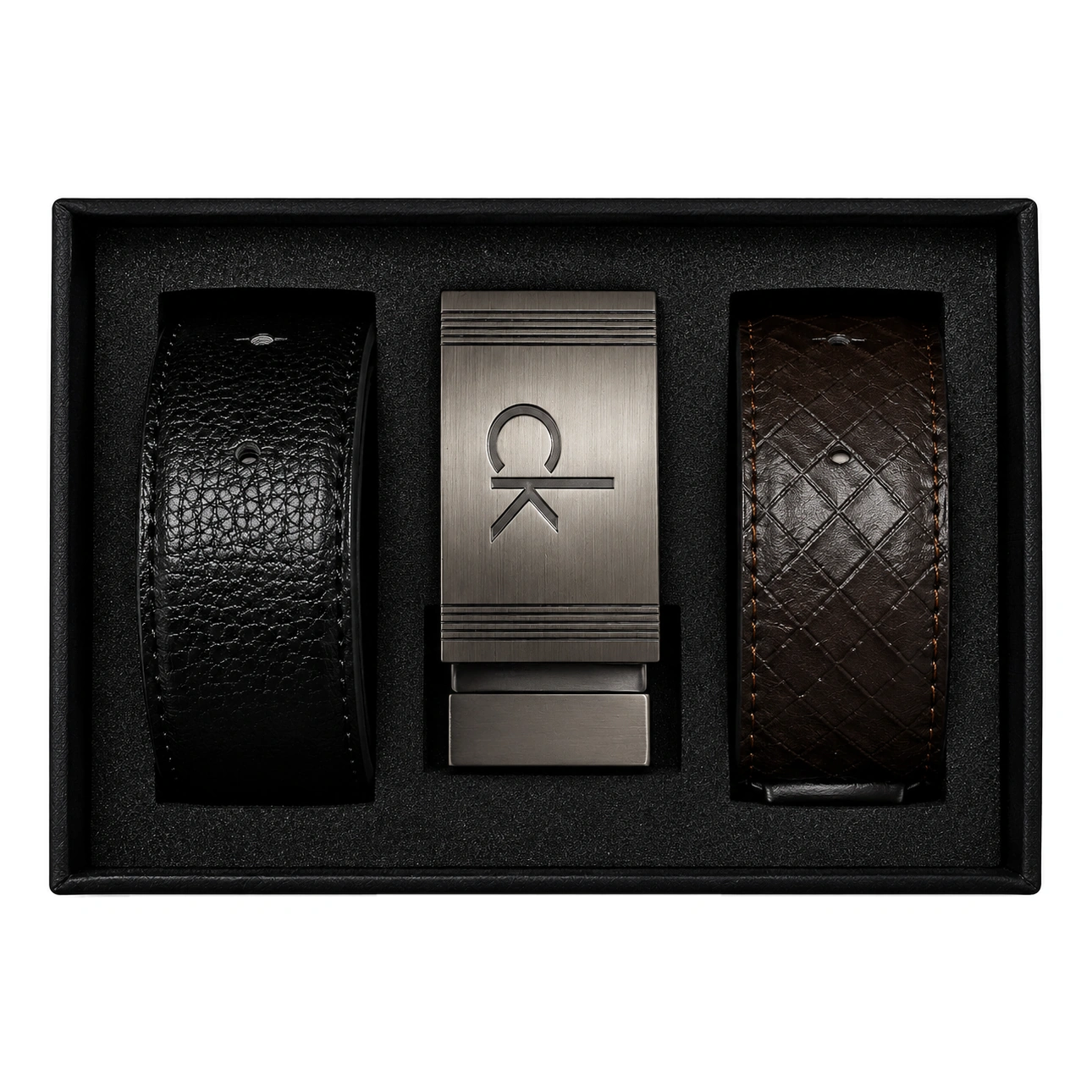 Calvin Klein Men’s 3-Piece Leather Belt Set Interchangeable Buckle with Black & Brown Straps #S-15