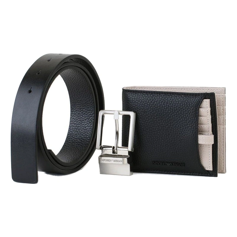 EA Black Leather Wallet-Belt Set For Men #01