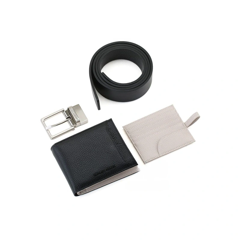 EA Black Leather Wallet-Belt Set For Men #01