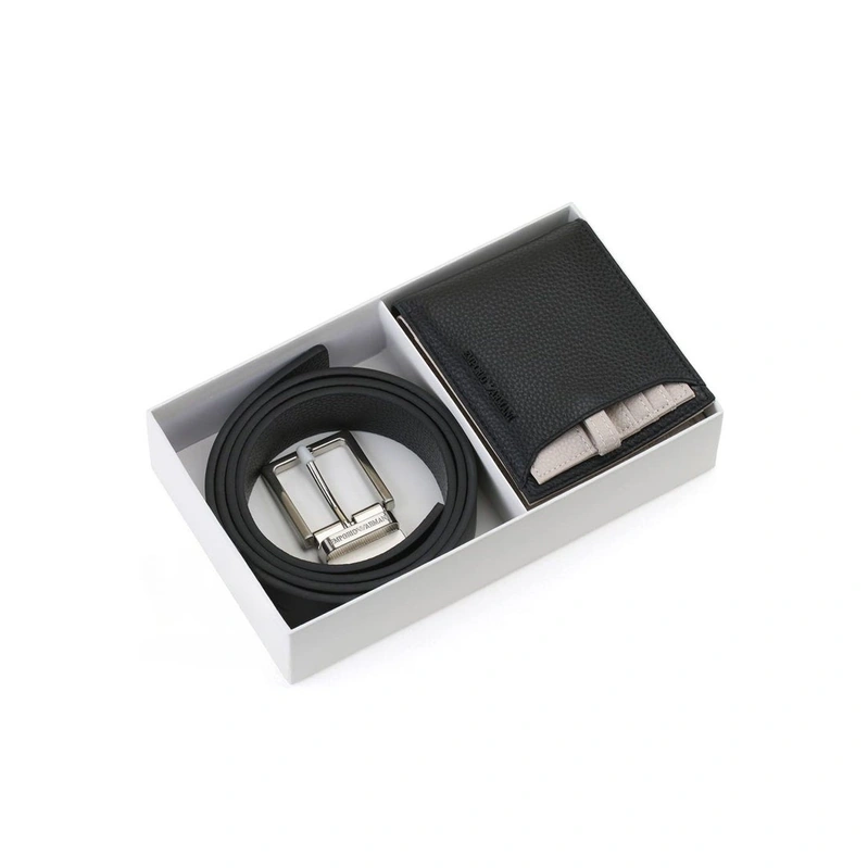 EA Black Leather Wallet-Belt Set For Men #01