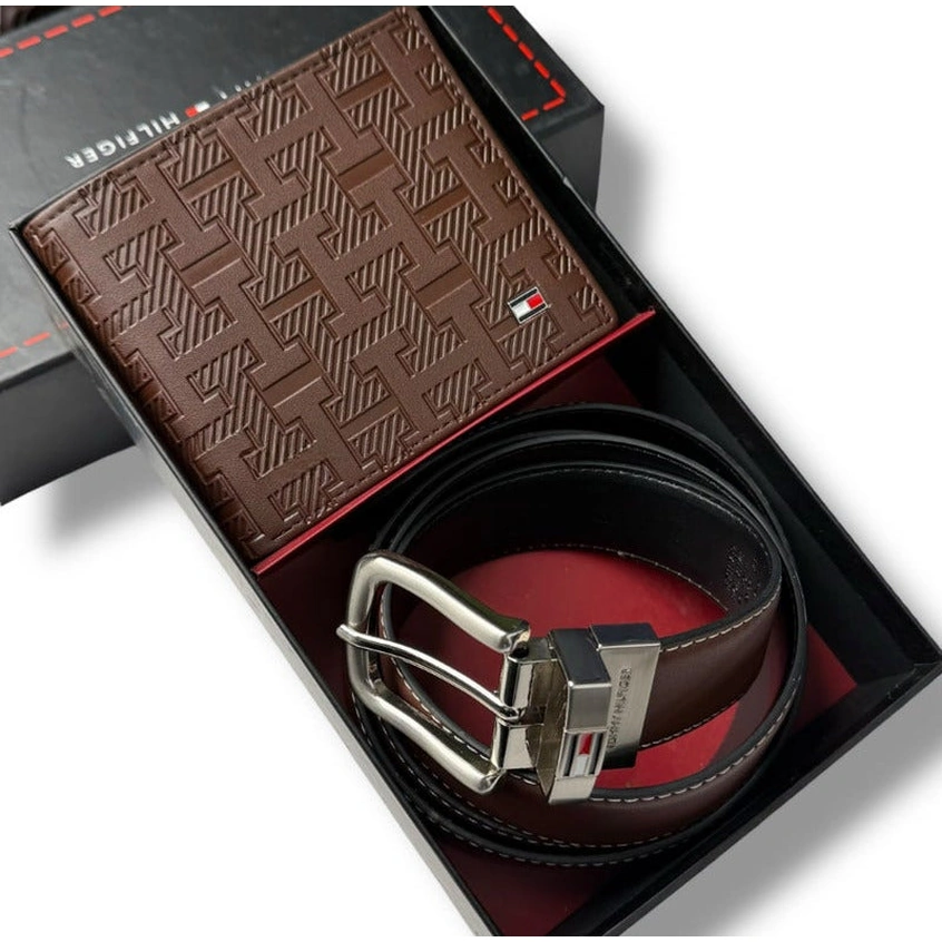 TH Brown Leather Wallet-Belt Set For Men #03
