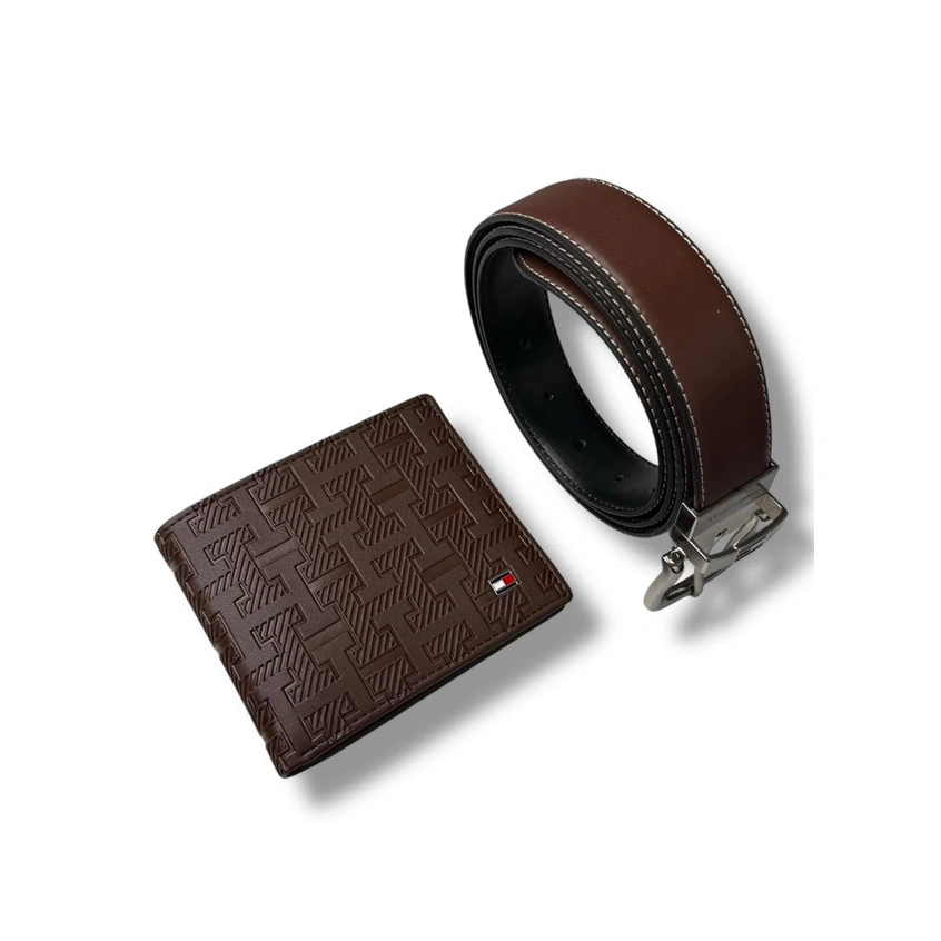 TH Brown Leather Wallet-Belt Set For Men #03