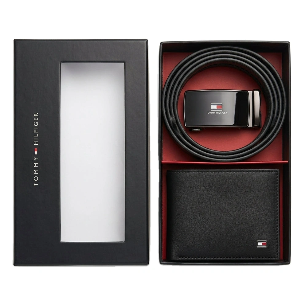 Tommy Hilfiger Men's Black Leather Belt & Wallet Set #016