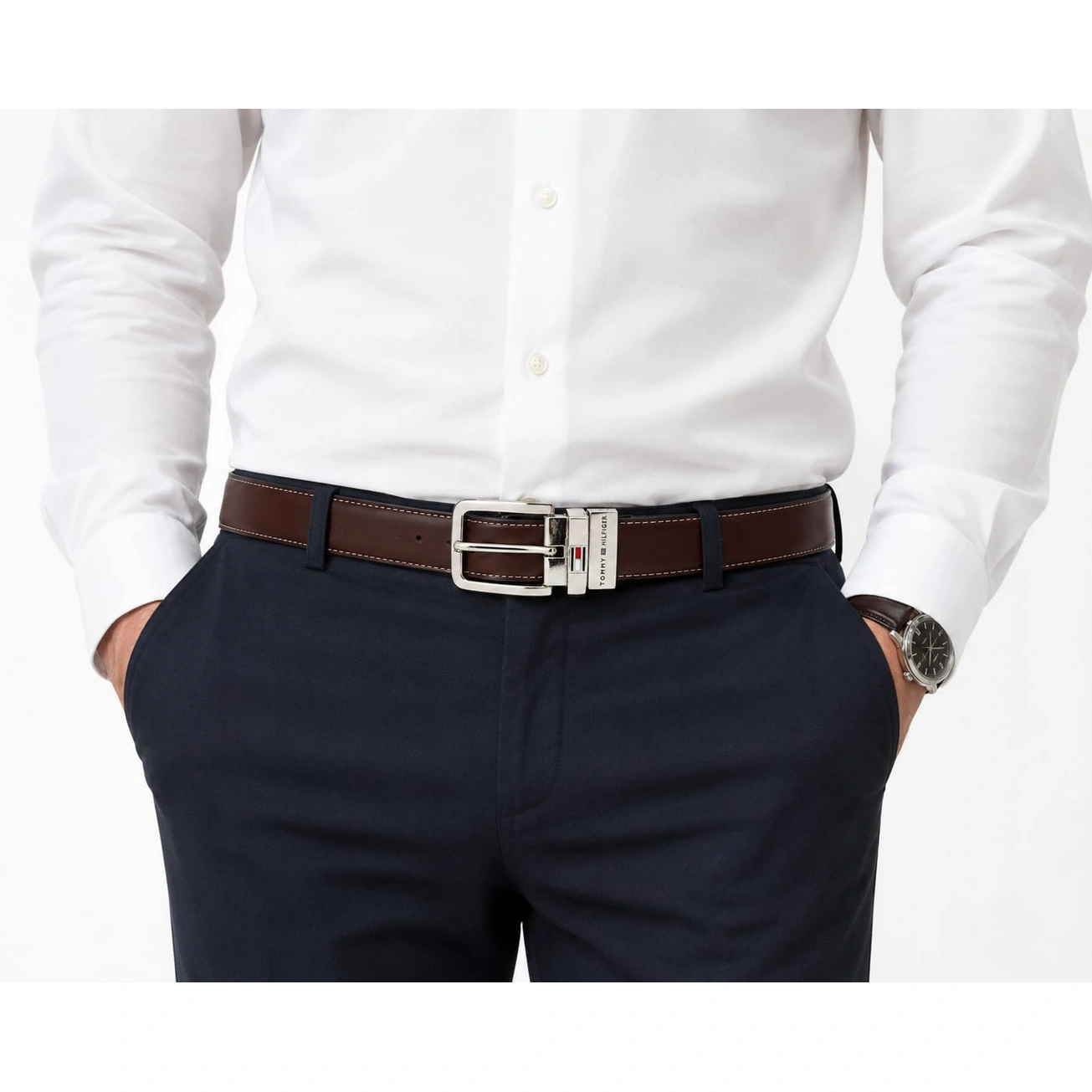 Tommy Hilfiger Men's Reversible Belt – Black & Brown Leather Belt with Silver-Tone Buckle#08