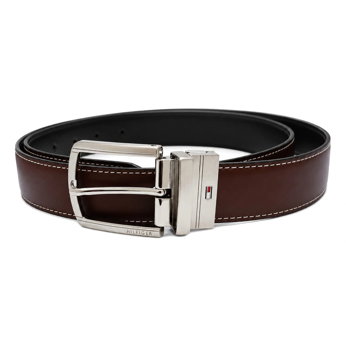 Tommy Hilfiger Men's Reversible Belt – Black & Brown with Elegant Silver Buckle#09