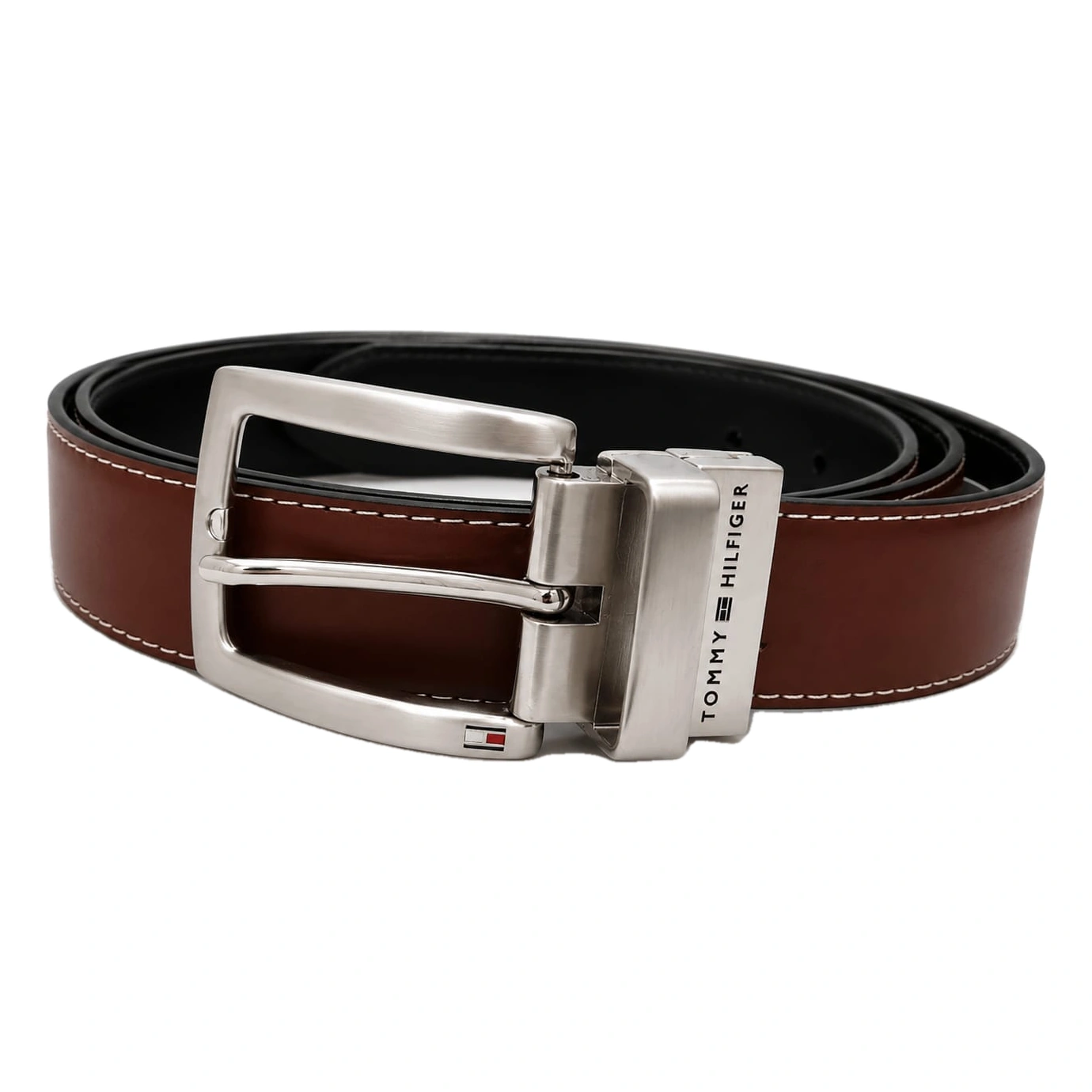 Tommy Hilfiger Men's Reversible Leather Belt – Black & Brown with Silver-Tone Buckle#07