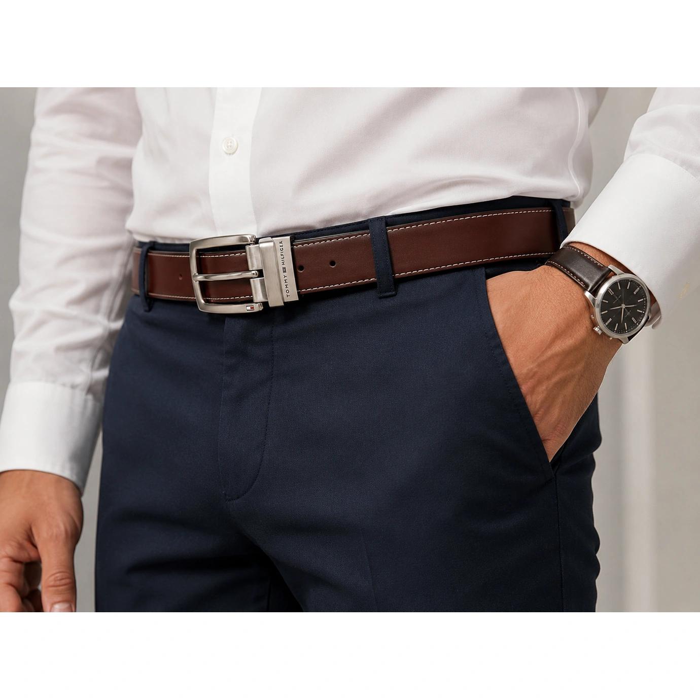 Tommy Hilfiger Men's Reversible Leather Belt – Black & Brown with Silver-Tone Buckle#07