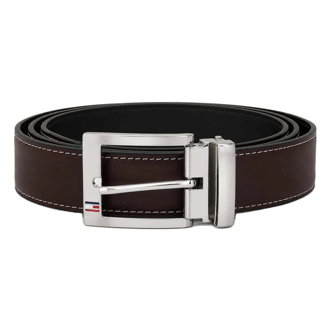 Tommy Hilfiger Men's Reversible Leather Belt – Black & Brown with Silver-Tone Rotating Buckle#010