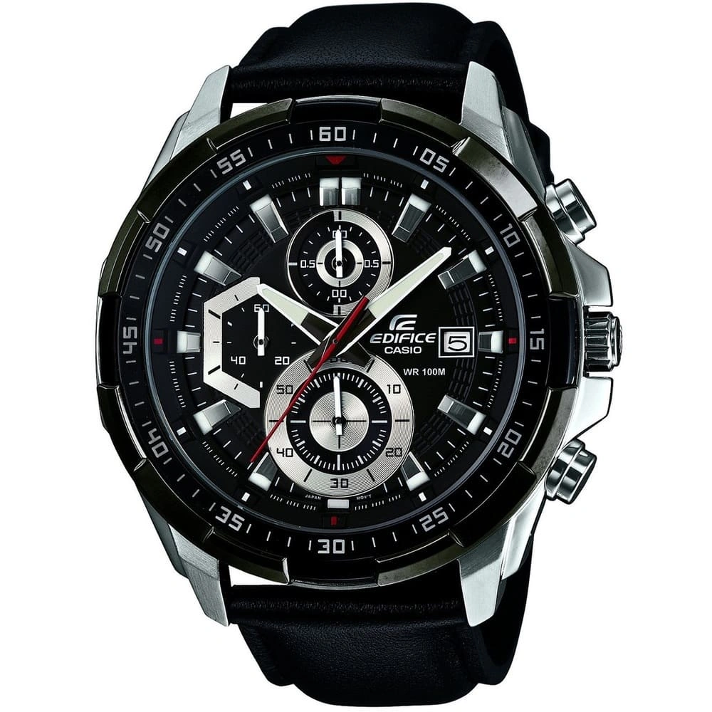 Casio Edifice Chronograph Watch for Men Black Dial with Black Leather Belt EFR-539L-1AV (932)