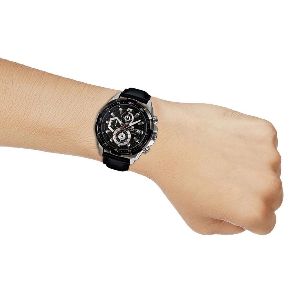 Casio Edifice Chronograph Watch for Men Black Dial with Black Leather Belt EFR-539L-1AV (932)