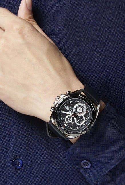 Casio Edifice Chronograph Watch for Men Black Dial with Black Leather Belt EFR-539L-1AV (932)