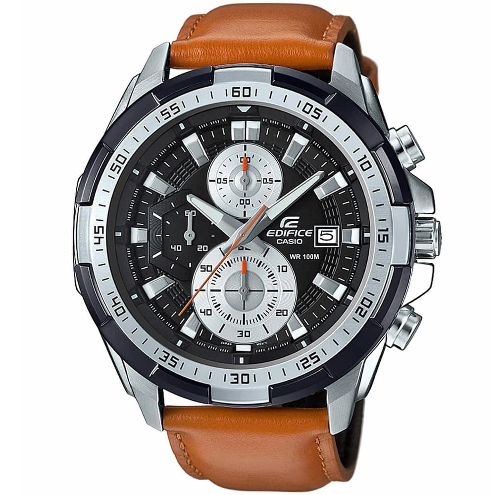 Casio Edifice Chronograph Watch for Men Black Dial with Brown Leather Belt EFR-539L-1BV (933)
