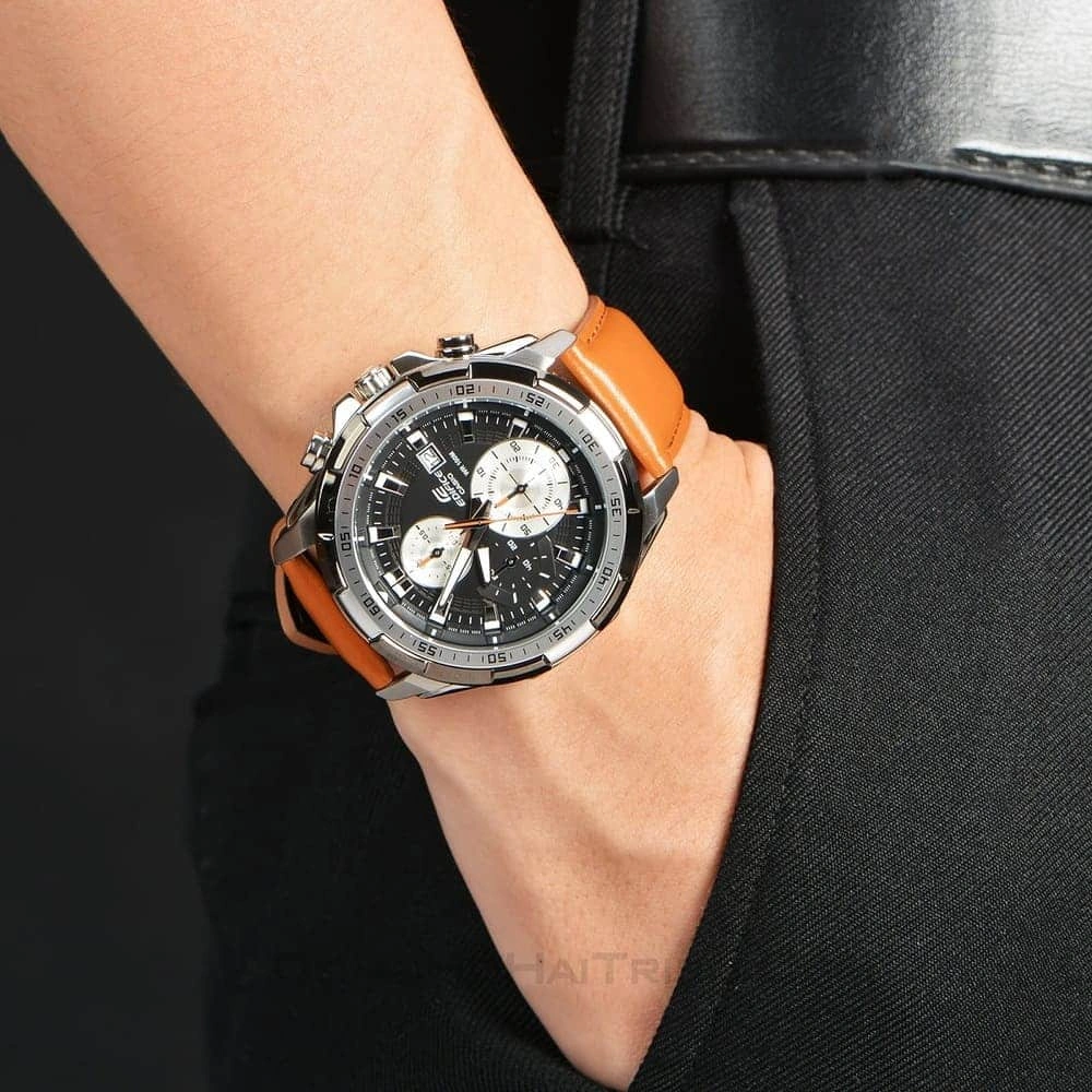 Casio Edifice Chronograph Watch for Men Black Dial with Brown Leather Belt EFR-539L-1BV (933)