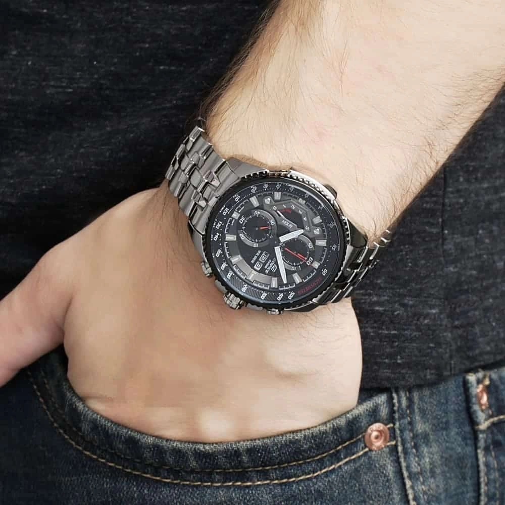 Casio Edifice Chronograph Watch for Men Black Dial with Silver Stainless steel Strap EF-558D-1AV
