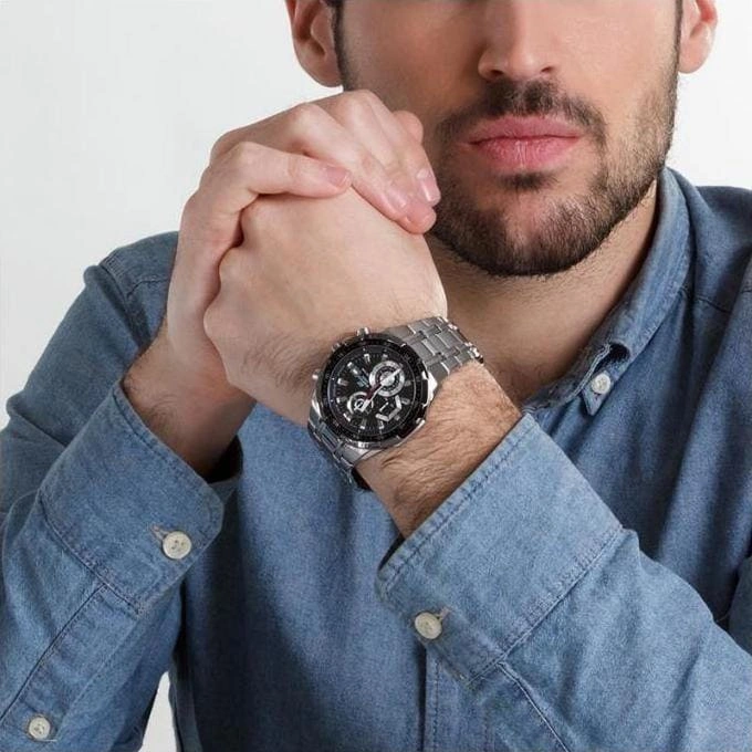 Casio Edifice Chronograph Watch for Men Black Dial with Silver Stainless steel Strap EFR-539D-1AV (929)