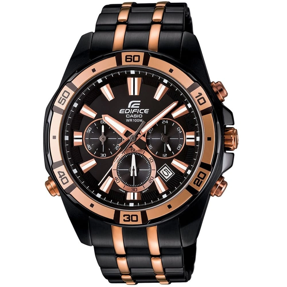 Casio Edifice Chronograph Watch for Men Black Dial with Two tone Black and Rose Gold Stainless steel Strap EFR-534BKG-1AV (926)