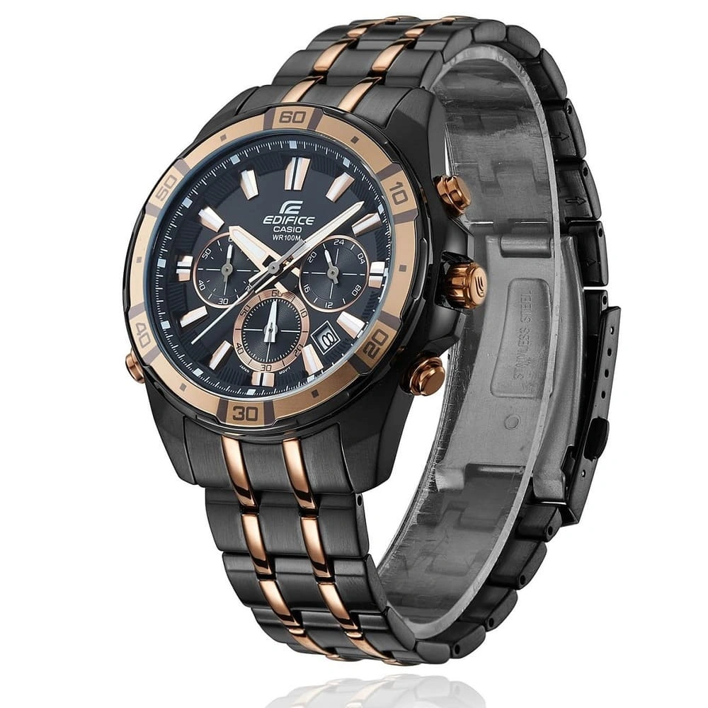 Casio Edifice Chronograph Watch for Men Black Dial with Two tone Black and Rose Gold Stainless steel Strap EFR-534BKG-1AV (926)