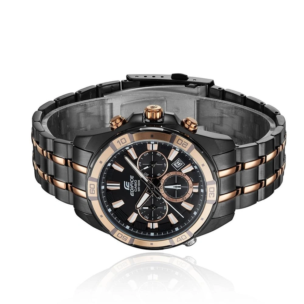 Casio Edifice Chronograph Watch for Men Black Dial with Two tone Black and Rose Gold Stainless steel Strap EFR-534BKG-1AV (926)