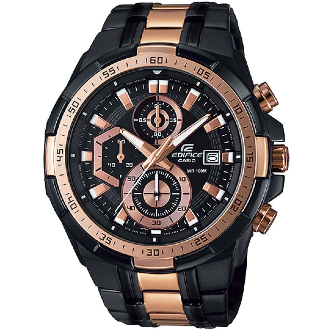 Casio Edifice Chronograph Watch for Men Black Dial with Two tone Black and Rose Gold Stainless steel Strap EFR-539BKG-1AV