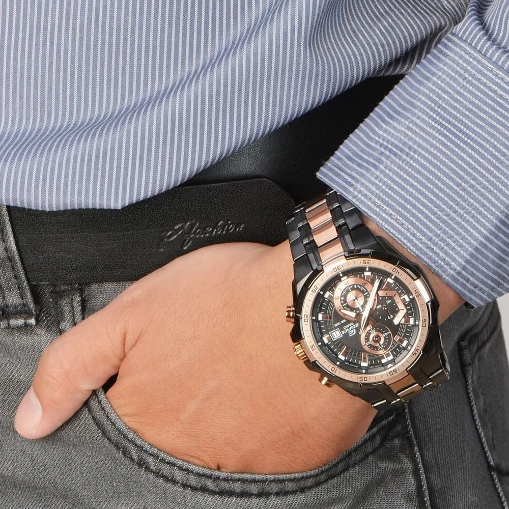 Casio Edifice Chronograph Watch for Men Black Dial with Two tone Black and Rose Gold Stainless steel Strap EFR-539BKG-1AV