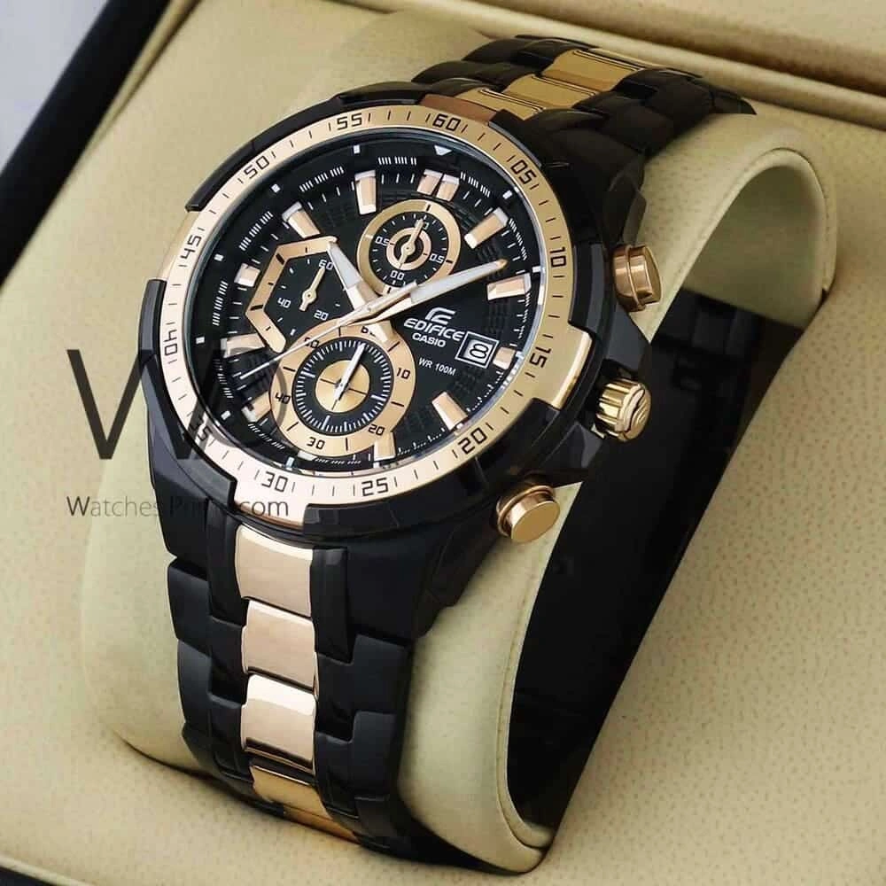 Casio Edifice Chronograph Watch for Men Black Dial with Two tone Black and Rose Gold Stainless steel Strap EFR-539BKG-1AV