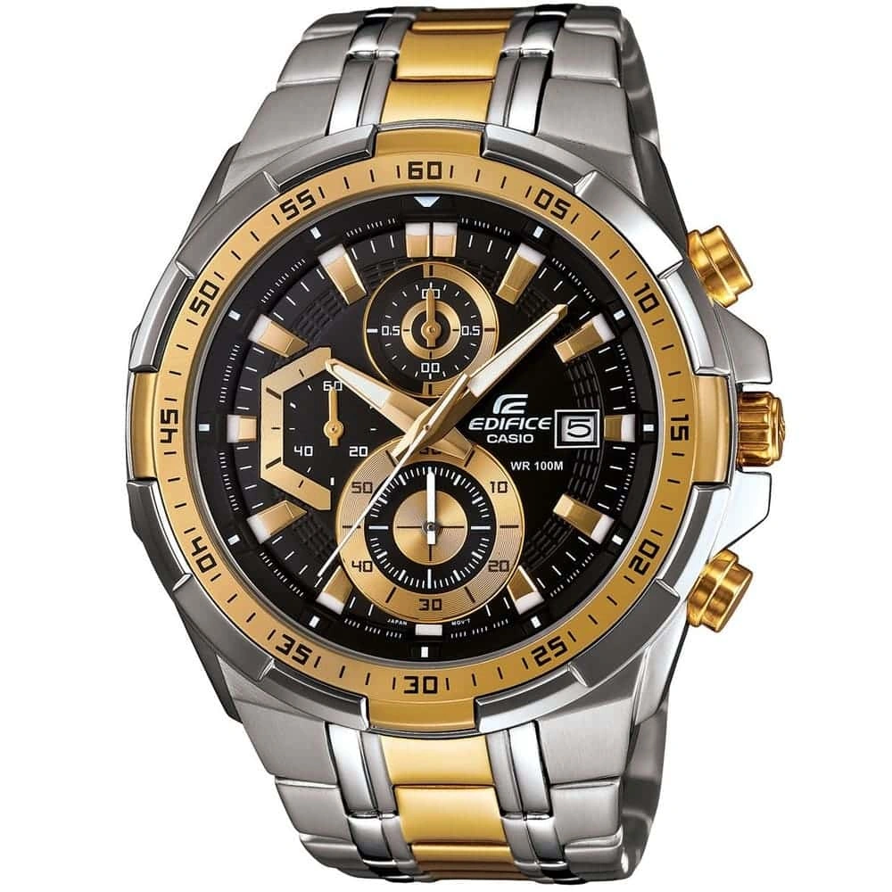 Casio Edifice Chronograph Watch for Men Black Dial with Two tone Silver and Gold Stainless steel Strap EFR539SG-1A (937)