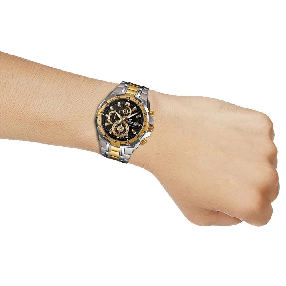 Casio Edifice Chronograph Watch for Men Black Dial with Two tone Silver and Gold Stainless steel Strap EFR539SG-1A (937)